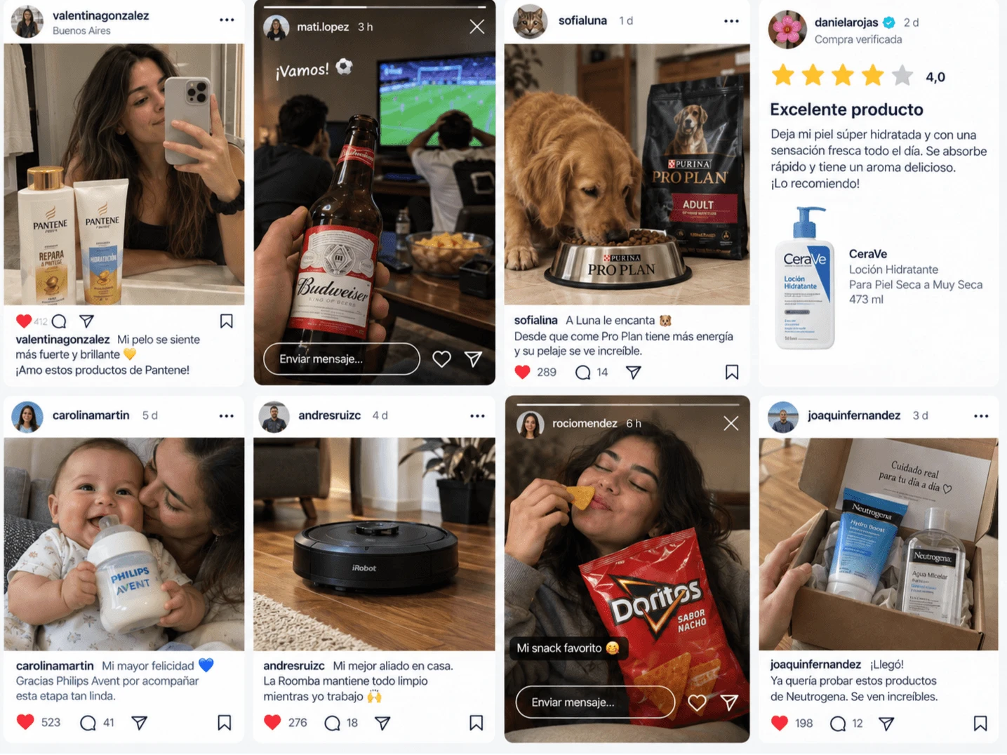 Personas reales compartiendo productos de marca en redes sociales