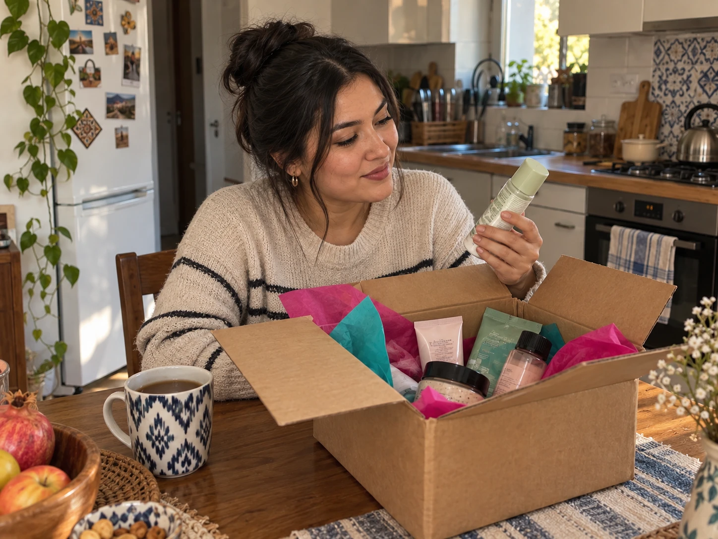 Mahsulotlar chiroyli joylangan brendlangan Buzz-Kit unpacking jarayoni