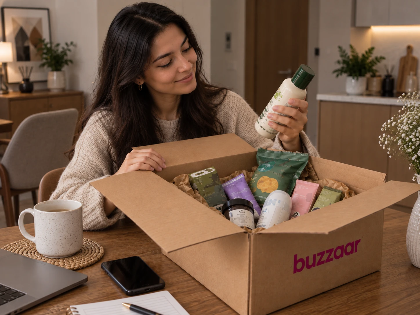 Өнімдер ұқыпты орналастырылған брендтелген Buzz-Kit ашу сәті