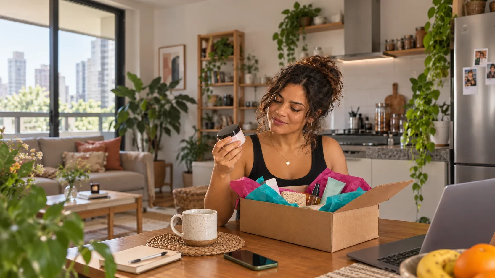 Personas abriendo productos en casa
